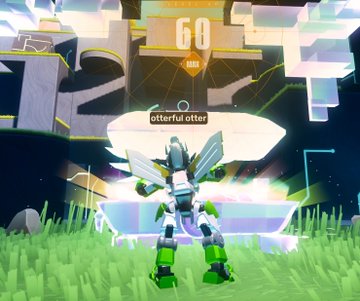 A video game screenshot showing a robotic character with wings standing on grass in front of a futuristic structure, with a timer reading '60' and the username 'otterful otter' displayed on screen.