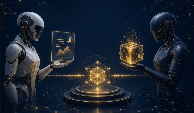 Two humanoid AI agents face each other, exchanging a digital profile card and a glowing data cube above a luminous geometric core, symbolizing the autonomous handoff of tasks and payment between agents in Termix's AACP protocol.