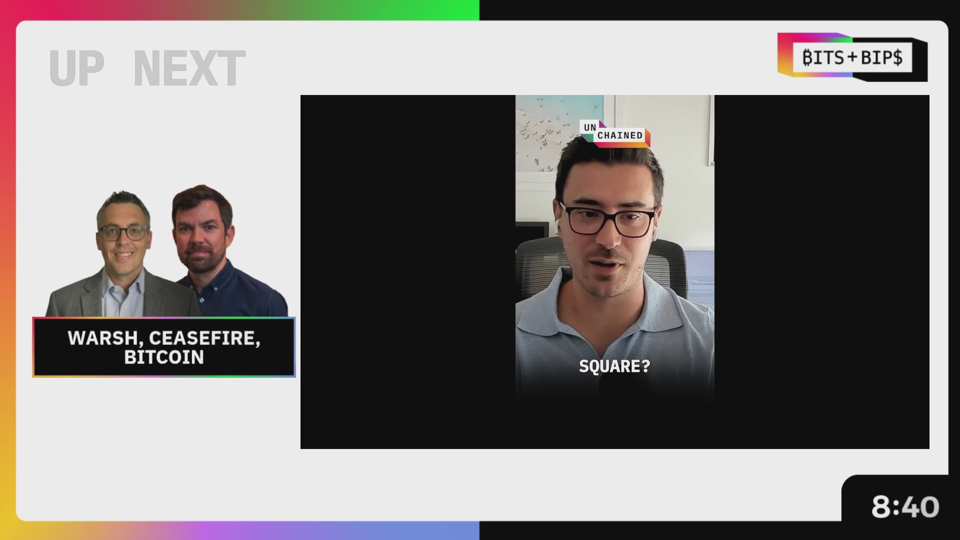 The image shows a computer screen displaying three men's faces with one of them wearing glasses. The man in the center has his head tilted back as if he is talking or laughing. The other two men are standing behind him, appearing to be engaged in conversation. The background features a rainbow gradient and text that reads "UP NEXT BITS&BPS".