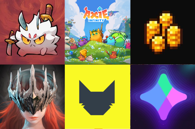 A collage of six square images featuring various gaming and digital art, including "Axie Infinity" and a character with a jagged helmet mask.