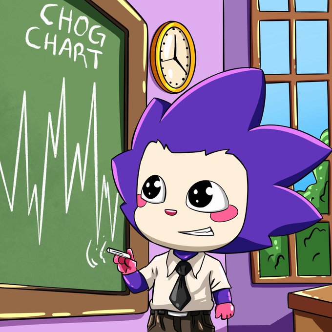 A cartoon purple-haired character pointing to a chalkboard labeled 'CHOG CHART' displaying a jagged line graph.