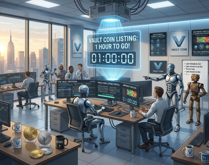 A digital illustration of a futuristic office where humans and robots work together, with a central holographic display showing 'VAULT COIN LISTING: 1 HOUR TO GO!' and a countdown timer of '01:00:00', surrounded by monitors displaying 'VAULT COIN', 'THE VAULT PROTOCOL', and 'SENTIMENT ANALYSIS'.