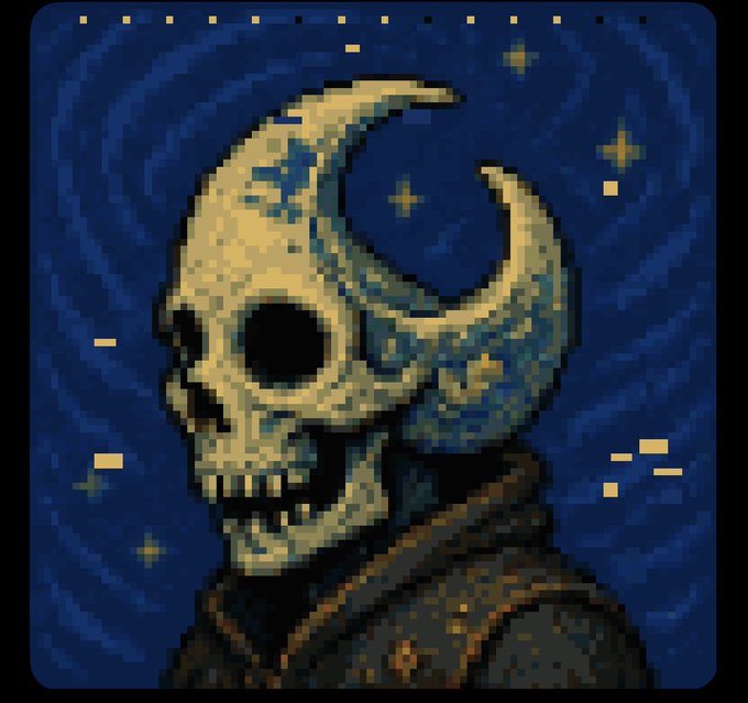 A pixel art portrait of a horned skull-faced figure in dark armor against a swirling blue night sky background with stars.