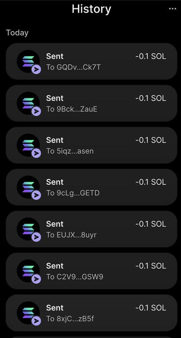A cryptocurrency wallet history screen shows seven completed "Sent" transactions today, each for -0.1 SOL to different recipients (GQDV...Ck7T, 9Bck...ZauE, 5lqz...asen, 9cLg...GETD, EUJX...8uyr, C2V9...GSW9, 8xjC...zB5f), confirming the user's claim of sending small amounts of Solana to multiple tagged recipients.