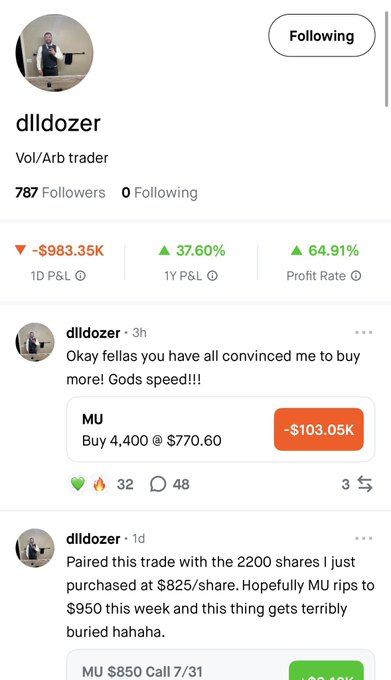 A trading profile for 'dlldozer' showing losses of -$983.35K, with posts about buying 'MU' stock at $770.60 resulting in a -$103.05K loss.
