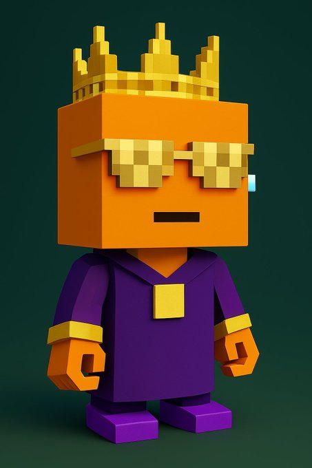 A 3D voxel-style character with an orange cube head, a gold crown, pixelated sunglasses, and a purple robe stands against a dark green background.