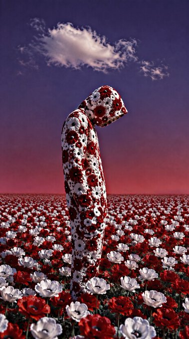 A surreal digital artwork showing a figure covered in red and white flowers standing in a field of similar blooms beneath a purple-pink sky with a single cloud.
