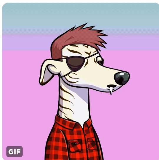 A cartoon dog wearing an eye patch and red plaid shirt stands against a pink background, with the "GIF" label in the corner. The image relates to the post's reference to "faMILLI," likely a play on the dog's "familiar" appearance, tying into the announcement of the upcoming MILLI NFT launch on the Sei blockchain.
