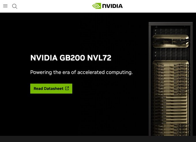 The image is an NVIDIA webpage banner promoting the "NVIDIA GB200 NVL72" with the tagline "Powering the era of accelerated computing," showing the server rack hardware. It relates to the post about a $128M onchain loan using exascale NVIDIA computers in an AI data center generating 9% yield, as the GB200 NVL72 represents the cutting-edge accelerated computing infrastructure powering such AI-driven tokenization yields.

Caption: NVIDIA product page featuring the GB200 NVL72 with the tagline "Powering the era of accelerated computing," highlighting the exascale hardware powering the AI-yield generation described in the loan tweet.