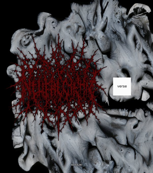 Surreal digital artwork showing a textured gray sculpted form with an intricate web of red thread-like patterns overlaid on it, labeled 'verse' with timestamp '07:13:26'.