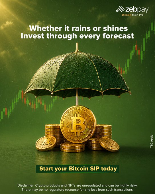 A Zebpay Bitcoin Mein Pro advertisement shows a green umbrella sheltering gold Bitcoin tokens from rain, with a stock chart in the background and the tagline "Whether it rains or shines, Invest through every forecast" alongside "Start your Bitcoin SIP today." The umbrella imagery aligns with the post's message about staying consistent through Bitcoin's unpredictable cycles rather than trying to predict each price movement.
