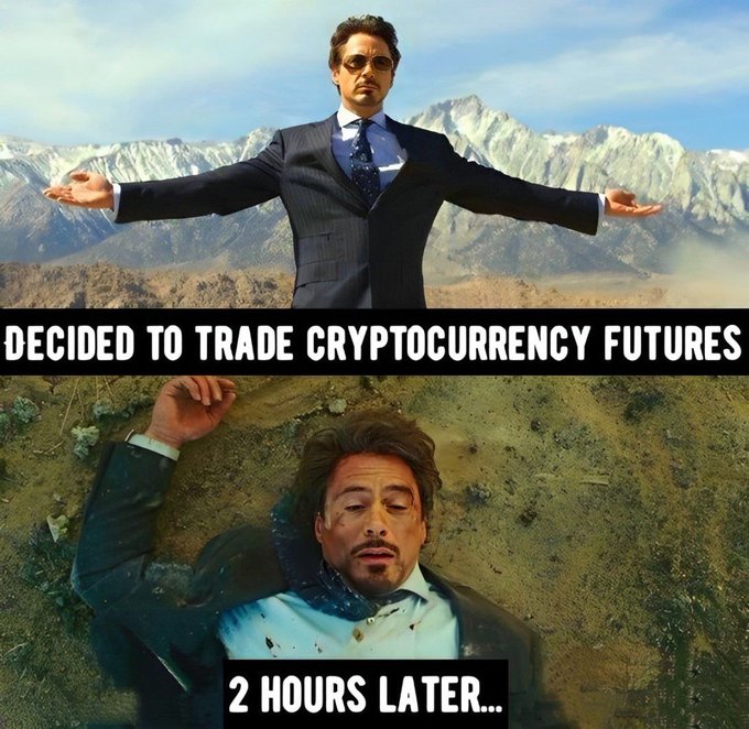 A two-panel meme shows Tony Stark/Iron Man standing triumphantly with arms outstretched against mountains, captioned "DECIDED TO TRADE CRYPTOCURRENCY FUTURES," followed by him lying battered in a crater, captioned "2 HOURS LATER..."—poking fun at the rapid downfall experienced when trading crypto futures.