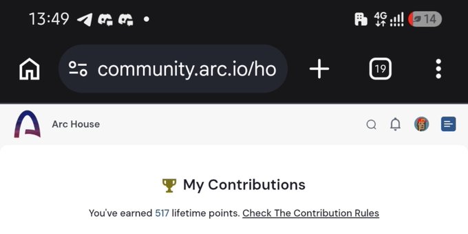 A screenshot of the community.arc.io/house page displays "Arc House" with a "My Contributions" section showing 517 lifetime points earned. The image visually celebrates surpassing the 500-point milestone mentioned in the accompanying post, highlighting the user's growing engagement and contributions within the Arc community.