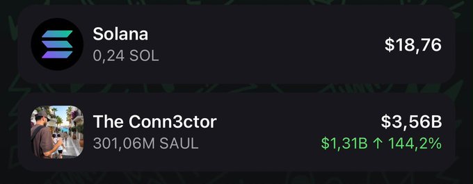 Cryptocurrency wallet screen showing Solana at $18.76 (0.24 SOL) and 'The Conn3ctor' token at $3.56B with $1.31B (144.2%) gain and 301.06M SAUL.