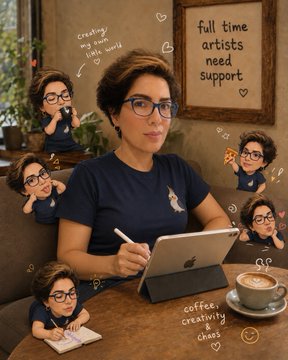 An AI-generated image shows a woman working on a tablet with floating miniature versions of herself and text reading 'creating my little world', 'full time artists need support', and 'coffee: creativity chaos'.