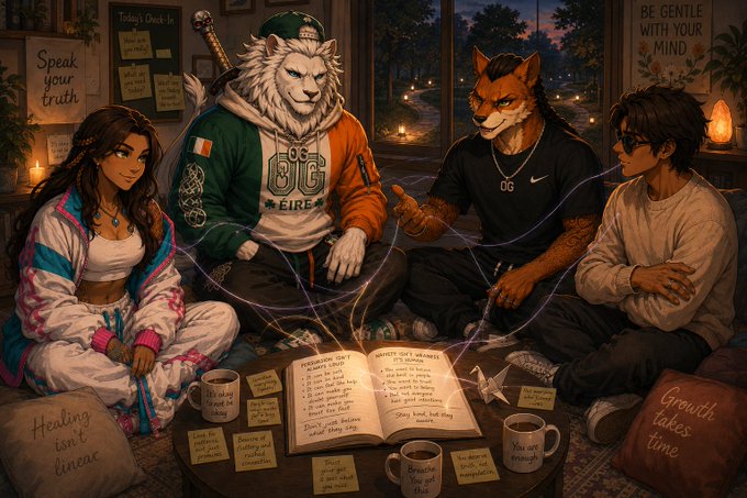 Anthropomorphic lion and fox characters sit alongside two humans in a cozy, candlelit room decorated with motivational signs like "Speak your truth," "Healing isn't linear," "Growth takes time," and "Be Gentle With Your Mind," gathered around an open book of affirmations on a coffee table. The scene ties to the post about Peanut's Practice mental health space, emphasizing the need to stay grounded and discerning amid life's many persuasive voices.