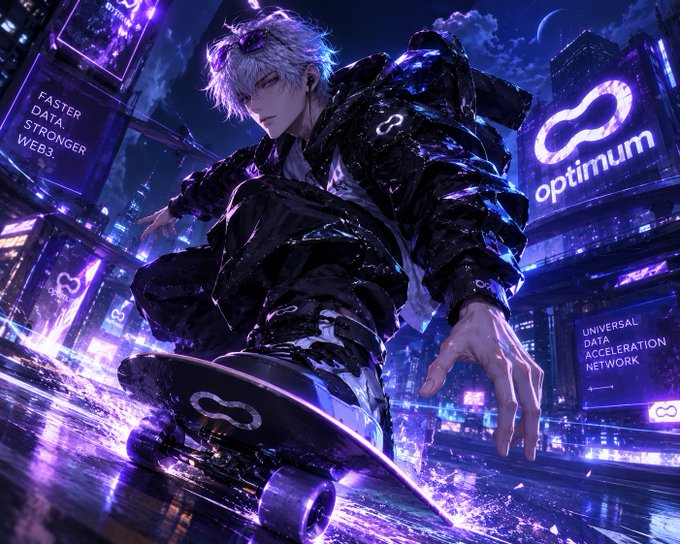 An anime-style illustration of a silver-haired character in a black jacket on a skateboard in a cyberpunk cityscape with purple neon signs reading 'optimum,' 'FASTER DATA STRONGER WEB3,' and 'UNIVERSAL DATA ACCELERATION NETWORK.'