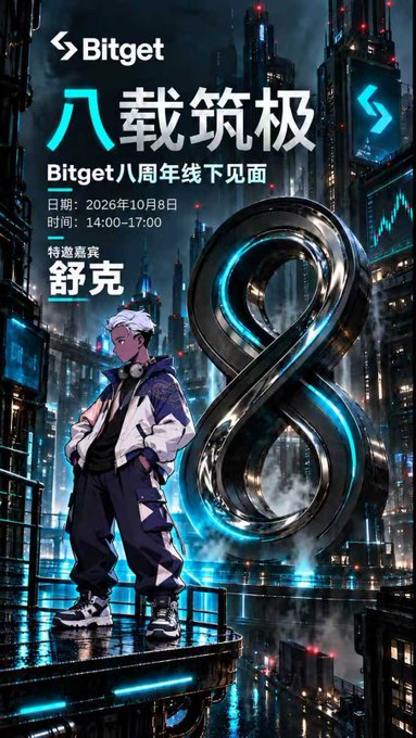Promotional poster for the Bitget 8th anniversary offline meetup on 2026年10月8日, featuring an anime-style character and a large metallic '8'.