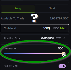 The image shows a trading interface on Avantisfi with a Long position selected, 2,939.79 USDC available, a position size of 6.4138861 BTC, and the leverage slider circled in green, maxed out at 500x. This directly illustrates the post's emphasis on using maximum 500x leverage for both long and short trades.