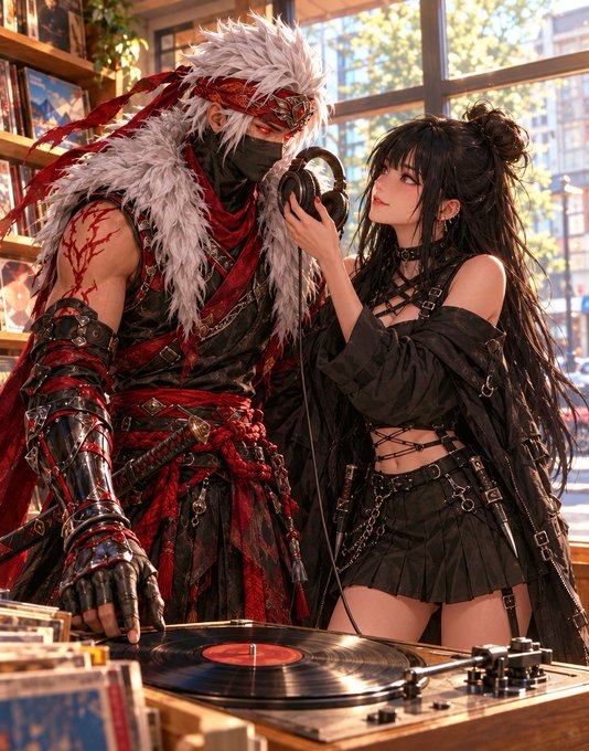Fantasy illustration of two characters, a white-haired masked warrior with red and black armor and a dark-haired woman in black clothing, sharing headphones while standing near a record player.