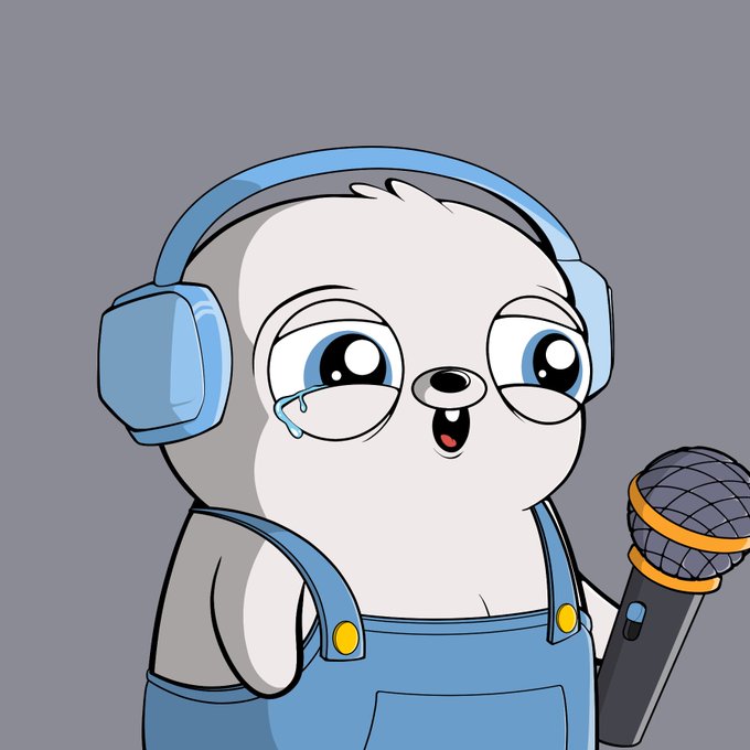 A cartoon character of a cute gray and white animal with large blue eyes, wearing blue headphones and overalls, holds a microphone and sheds a tear.