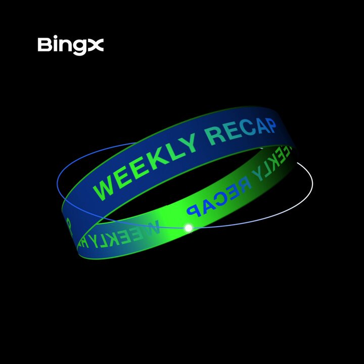The image features a green and blue wristband with white text that says "Weekly Recap" written in black letters. The wristband appears to be made of rubber or silicone material, as indicated by its color and texture. It is displayed against a black background, making it stand out prominently.