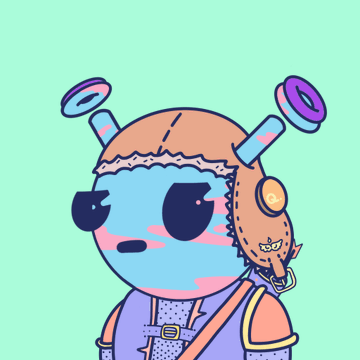 A cartoon illustration depicts a character with an orange and blue face, rosy cheeks, and a brown helmet equipped with purple disc-shaped antennas against a teal background.