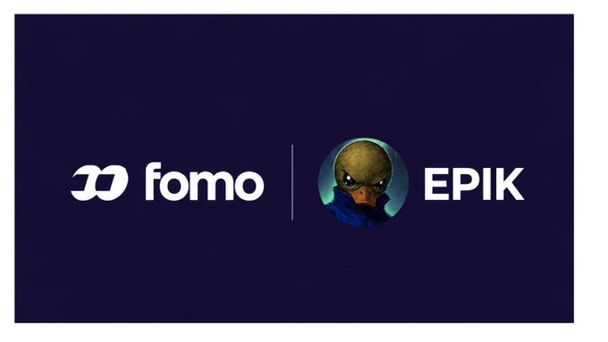A purple banner showing a partnership between "fomo" and "EPIK" with a small character avatar between the logos.