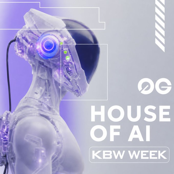 A promotional graphic for 'OG HOUSE OF AI KBW WEEK' featuring a futuristic, translucent humanoid figure with glowing purple and blue elements against a purple background.