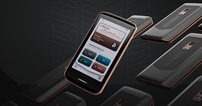 The image shows a Passport hardware wallet displaying its home screen with a portfolio balance of $98,615 and options like Buy, Share, and Move, alongside multiple units of the device. It visually represents the Passport crypto hardware wallet referenced in the post about a seed-generation flaw disclosed in Coldcard, reassuring users that Passport devices offer a separate, secure seed generation process.