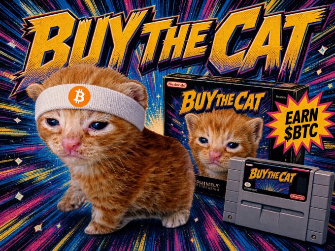 The image features an adorable orange kitten wearing a Bitcoin-themed headband alongside retro Super Nintendo-style game box art and cartridge for a fictional game titled "BUY THE CAT," with a starburst graphic advertising "EARN $BTC," all tying into the playful crypto meme promoting the $buythecat token.