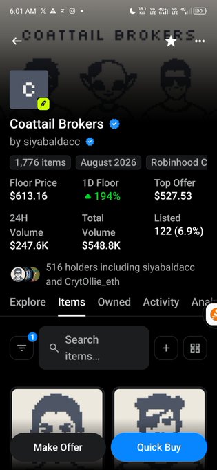 An OpenSea NFT marketplace listing for the 'Coattail Brokers' collection by siyabaldacc, showing a floor price of $613.16 (+1.94%), 1,776 items, and 516 holders.