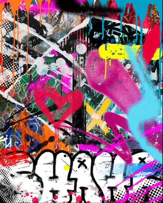 A vibrant, colorful street art style mural featuring graffiti tags, spray paint drips, halftone patterns, a pink heart, and a row of white stylized heads at the bottom.