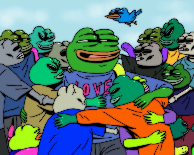 The image depicts a group of cartoon frog characters (Pepe) embracing in a warm group hug, with one central smiling Pepe wearing a blue shirt that reads "LOVE," illustrating the post's message that "pepe is love."