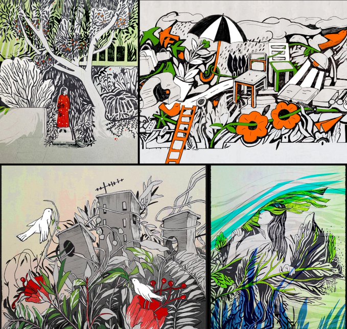 A four-panel comic-style illustration with selective red and green coloring depicts scenes including a figure on a swing, a garden with an umbrella and chairs, a house overgrown with plants, and an abstract landscape.