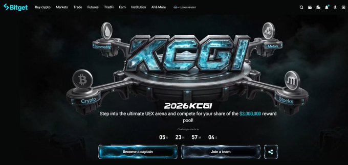 A Bitget cryptocurrency exchange promotional banner for '2026 KCGI' UEX trading competition with a $3,000,000 reward pool and countdown timer.