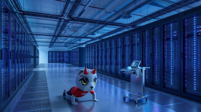 A small white dog with red devil horns and a red shirt poses in a futuristic blue-lit data center filled with rows of server racks.