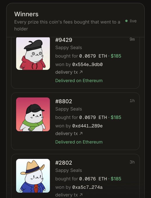 A mobile app screen displays 'Winners' of 'Sappy Seals' NFTs, showing entries like #9429, #8802, and #2802, all bought for around 0.0679 ETH and 'Delivered on Ethereum'.