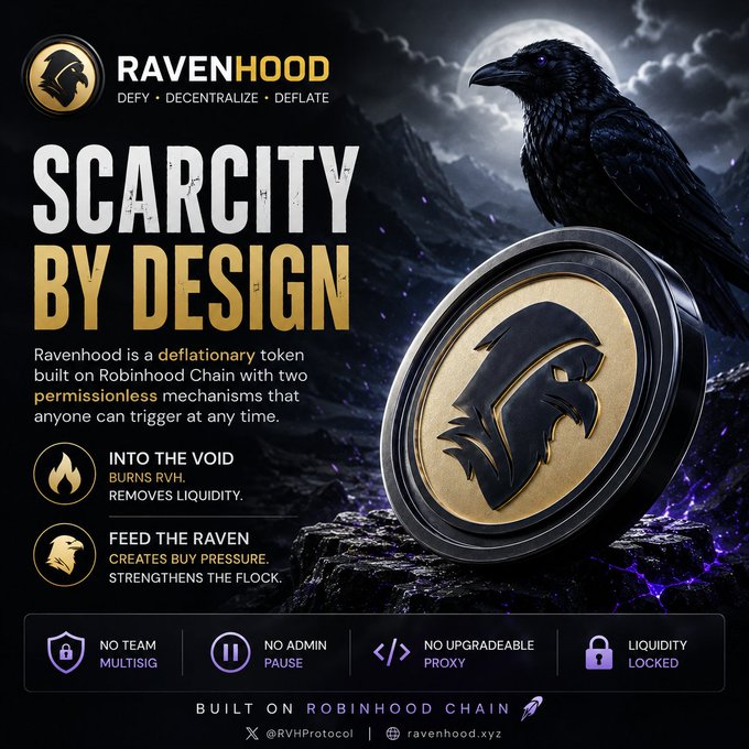A promotional poster for the Ravenhood token features a raven, a gold coin, and the text 'SCARCITY BY DESIGN' along with 'BUILT ON ROBINHOOD CHAIN' and handles @RVHProtocol and ravenhood.xyz.