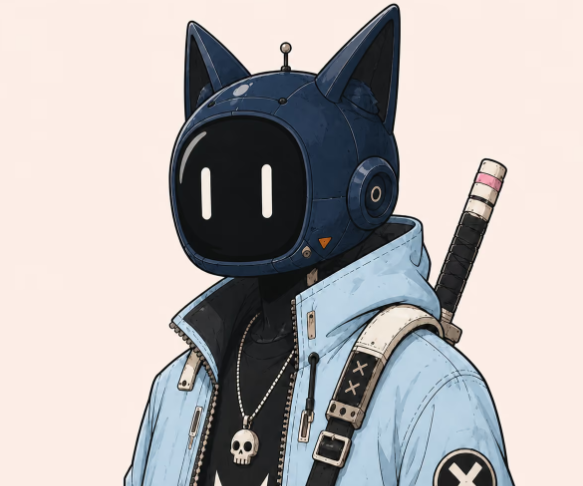 An illustration of an anime-style character with a blue robotic cat-eared helmet featuring a black digital face, wearing a light blue jacket with skull necklace and a sword strapped to the back.