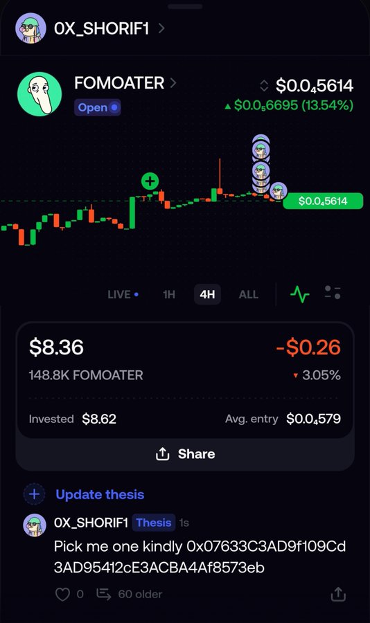 A cryptocurrency trading app screenshot showing a token named 'FOMOATER' priced at $0.5614, up 13.54%, with a 4H candlestick chart and a $8.36 portfolio holding.