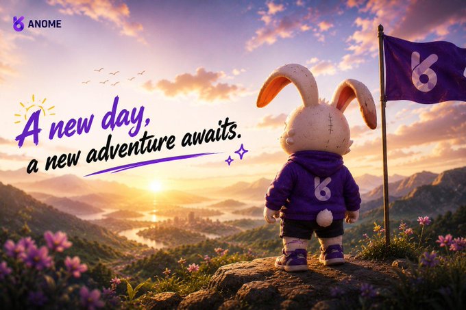 An adorable bunny character wearing a purple hoodie with the "6" logo stands atop a hill, gazing at a breathtaking sunrise over mountains, beside a flag displaying the ANOME logo. The "ANOME" logo appears in the top-left corner alongside the text "A new day, a new adventure awaits," perfectly matching the post's inspirational message about embracing new adventures with the ANOME crew.