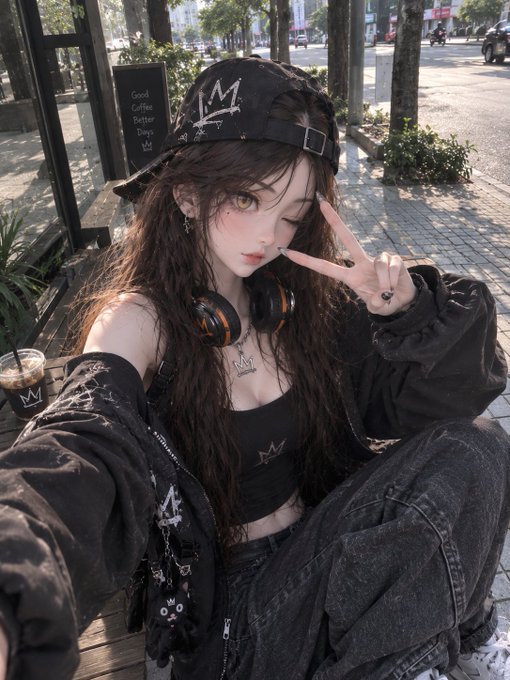 Stylized photo of a woman in a black outfit and cap, both featuring a crown logo, posing with a peace sign on an outdoor sidewalk.