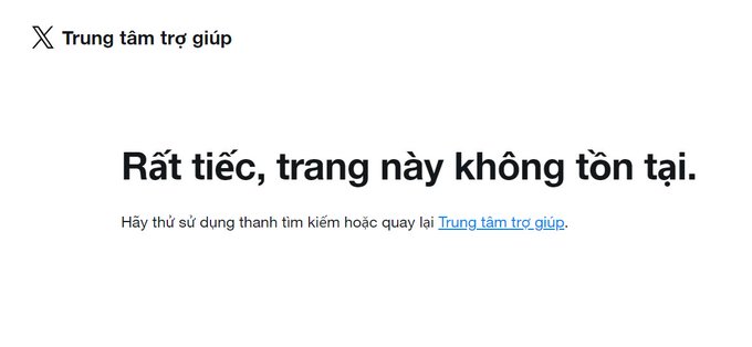A webpage showing an X (Twitter) error message in Vietnamese: 'Rất tiếc, trang này không tồn tại.' (Sorry, this page does not exist).