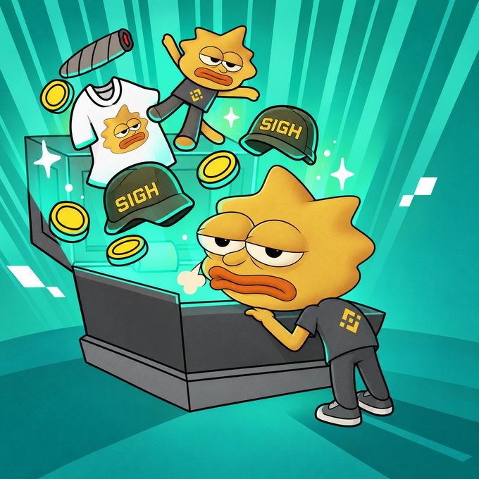 A cartoon illustration of an orange duck character wearing a black shirt with a Bitcoin logo, leaning against a treasure chest that contains floating merchandise (t-shirts, caps, coins) branded with 'SIGH'. The character has an unimpressed expression with half-closed eyes.