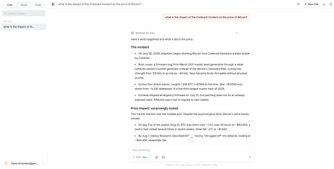 A ChatGPT response analyzing the Coinbase incident's effect on BTC's price, noting a bug in March 2021 routing seed generation through weak entropy, the July 31 flash crash, and the resulting market volatility.