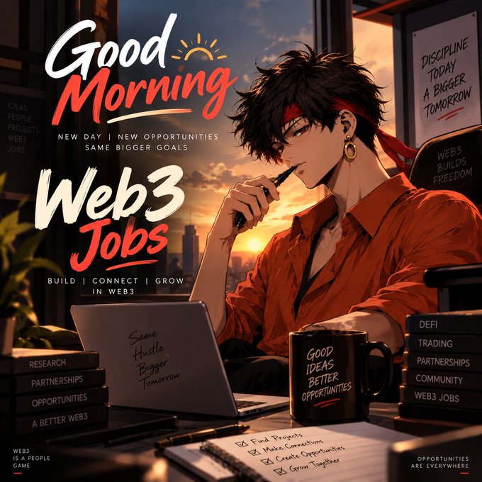 An anime-style illustration of a young man at a desk with motivational text reading 'Good Morning | Web3 Jobs,' 'New Day | New Opportunities | Same Bigger Goals,' and 'Build | Connect | Grow in Web3.'