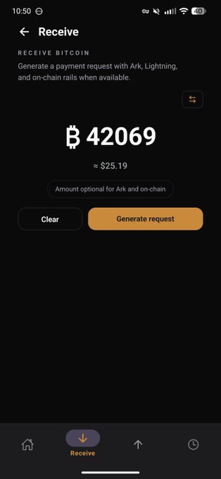 A mobile app screenshot showing a Bitcoin receive screen with the amount ₿ 42069 (approximately $25.19), featuring 'Generate request' and 'Clear' buttons.