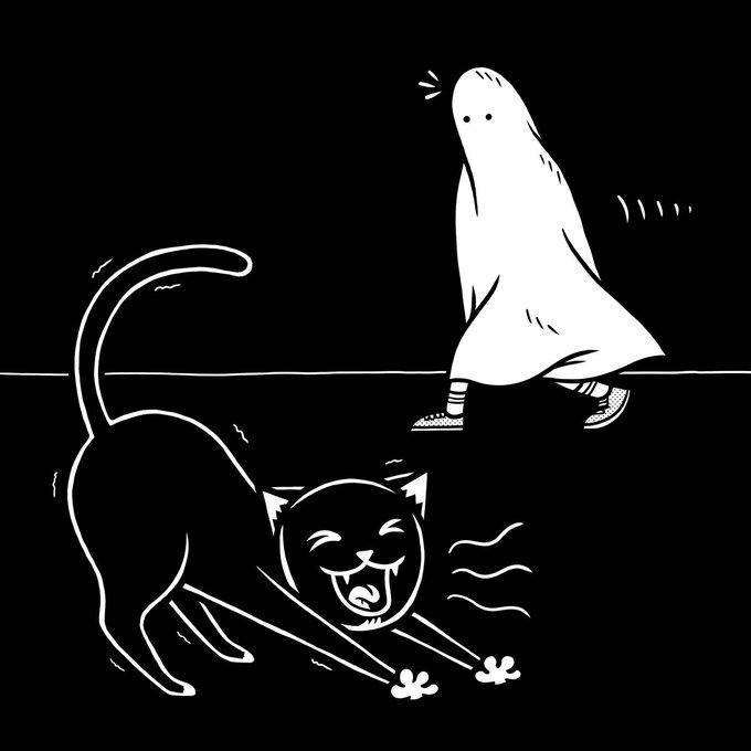 A black and white cartoon illustration showing a startled black cat hissing and arching its back at a small ghost wearing sneakers.