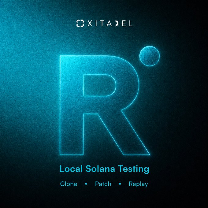 A glowing blue 'R' logo graphic for Oxidavel promoting Local Solana Testing with the features 'Clone • Patch • Replay'.